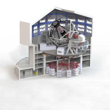 Technical illustration of the telescope in its building