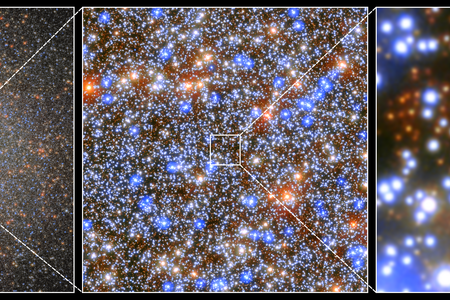Drei Teilbilder, die den Sternhaufen Omega Centauri mit unzähligen Sternen zeigen, Blick stückweise näher ins Zentrum